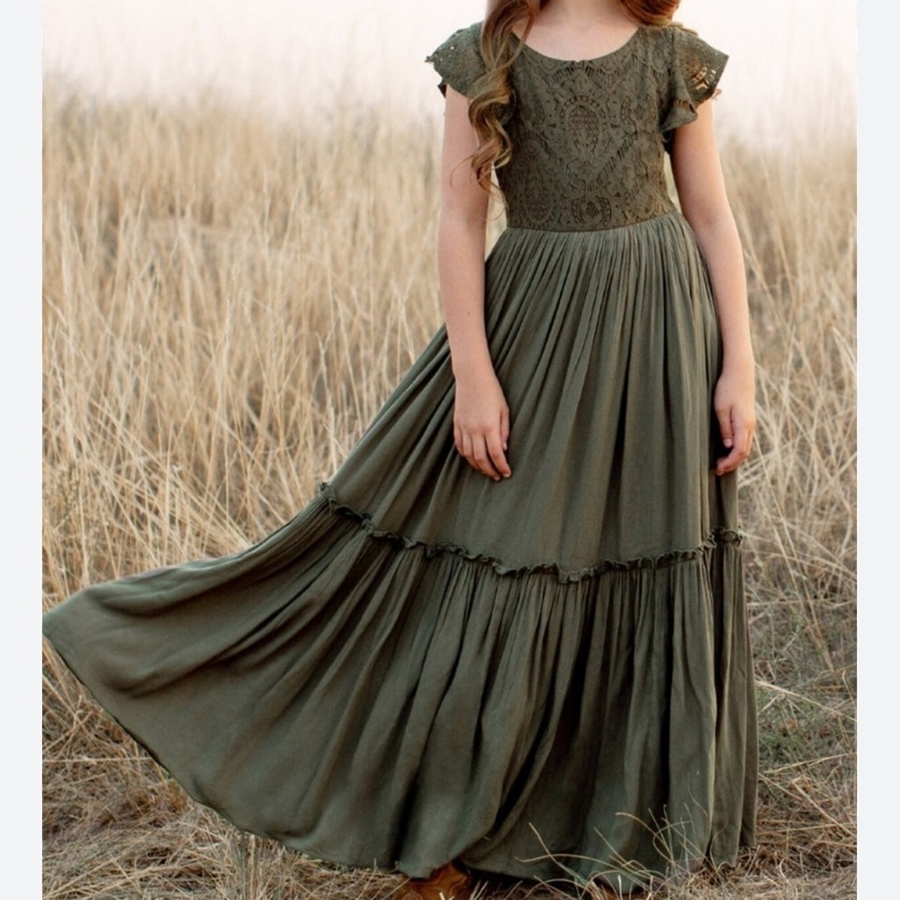 Joyfolie / Mia Joy “Macy” Dress in Olive - Girls Lace Maxi Dress - Picture 9 of 9